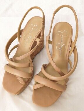 Jessica Simpson Nude Tan Cork Wedge Slingback Sandals